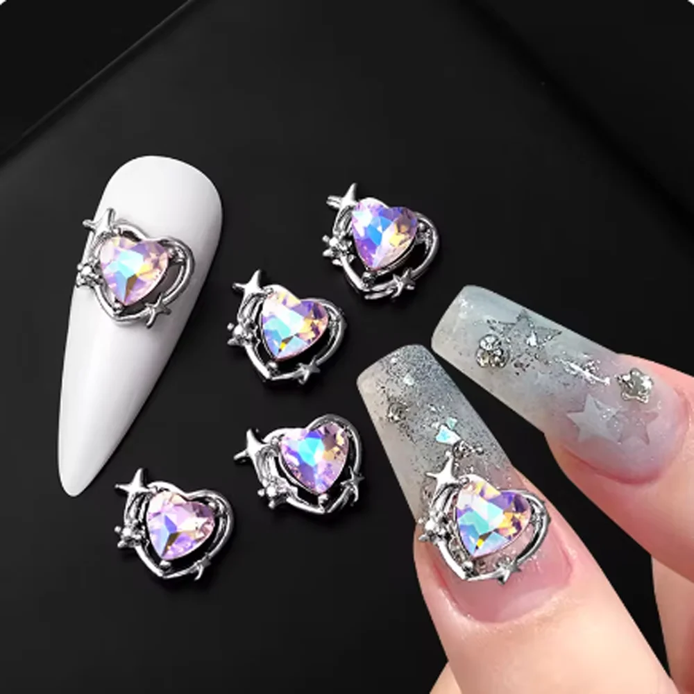 5Pcs Luxury Alloy Love Heart Nail Art Charms 3D Metal Starlight Moon Star Jewelry Nail Decoration Shiny DIY Manicure Accessories