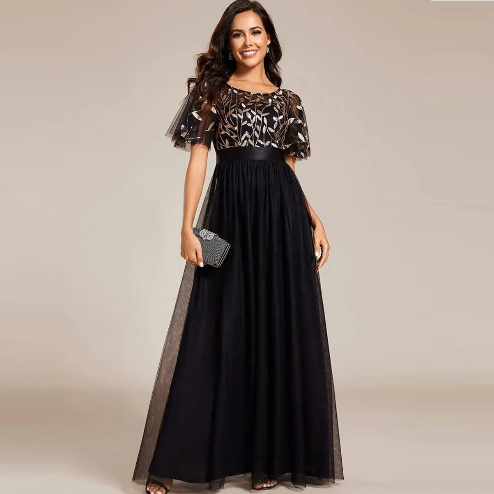 

Women Plus Size Short Sleeve Round Neck Sequin Leaf Embroidered Tulle Maxi Dress Black Formal Evening Party Gown Customized