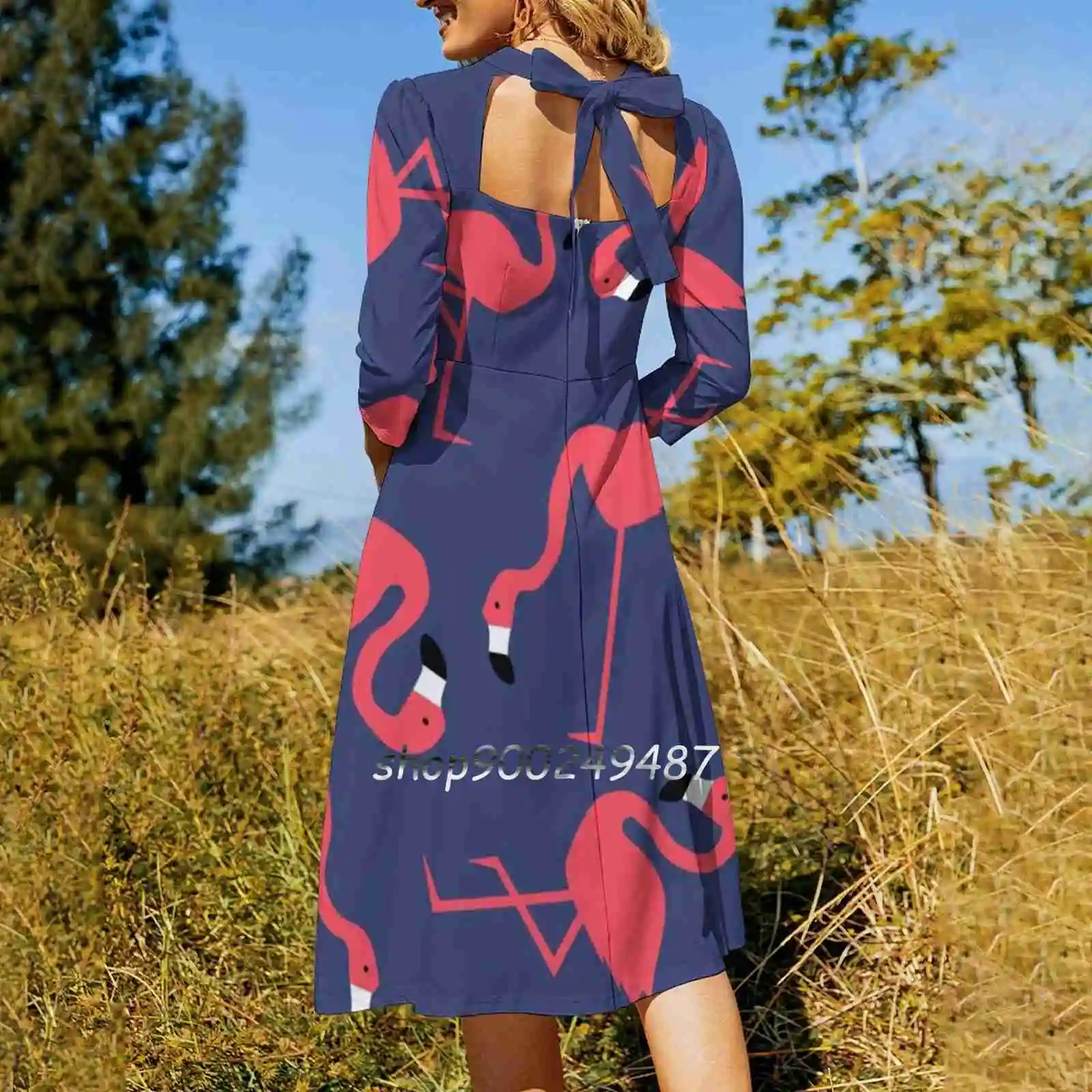 Fluorescent Flamingos Flare Dress Square Neck Dress Elegant Female Fashion Printed Dress Colorful Cute Fashion Fluor Flamingo