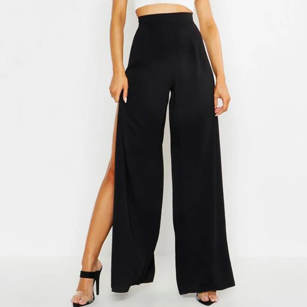 Sexy Baggy Pants Woman Side Split High Waist Yoga Wide Leg Party Club Solid Black Baggy Trousers Pants Female Clothing For Women