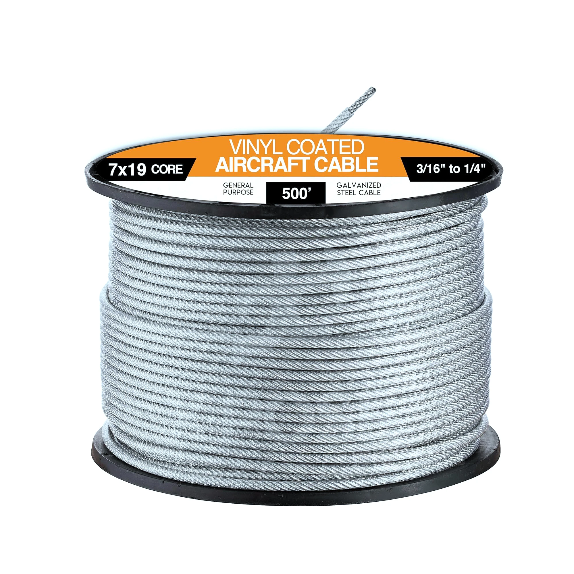 

7x19 Vinyl-Coated Galvanized Steel Aircraft Cable 3/16" 1/4" for Pulley Systems or Winch Rings