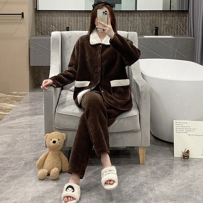 

Winter Woman Set Pajama Loungewear Flannel Pyjamas High-End Free Shipping Flannel Warm Nightwear Clothes Lady 2 pieces Nightie