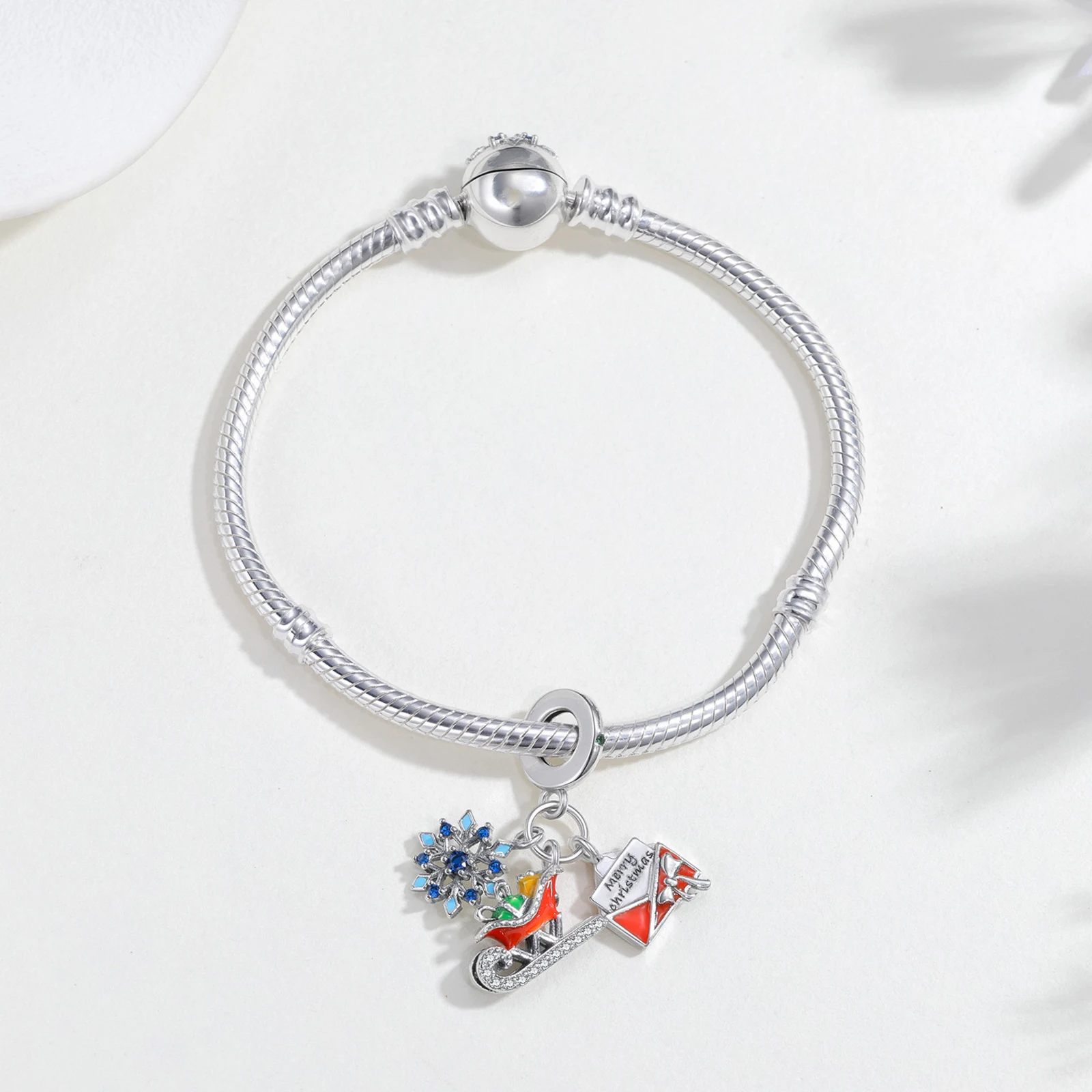 New Charms 925 Sterling Silver Christmas Pendant Envelope Snowflake Beaded Original Bracelet DIY Jewelry Lover Holiday Hot Gift