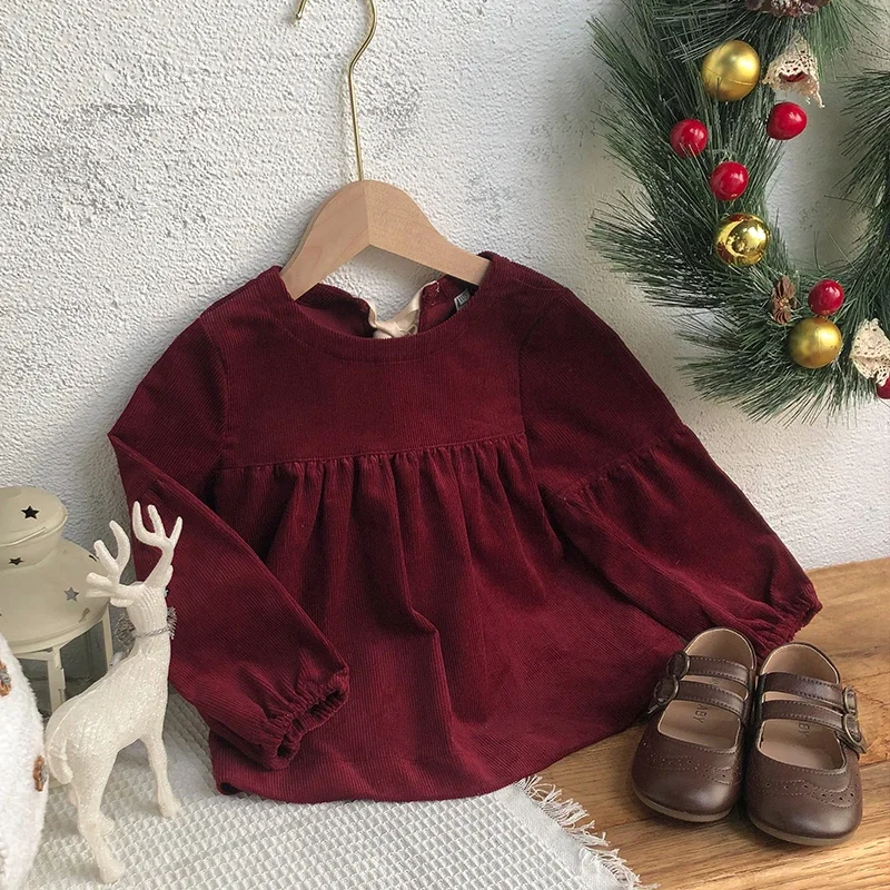 Chic Christmas Burgundy Long Sleeved Blouse Girls Autumn And Winter New Corduroy Bubble Sleeve Shirts Children\'s Clothing