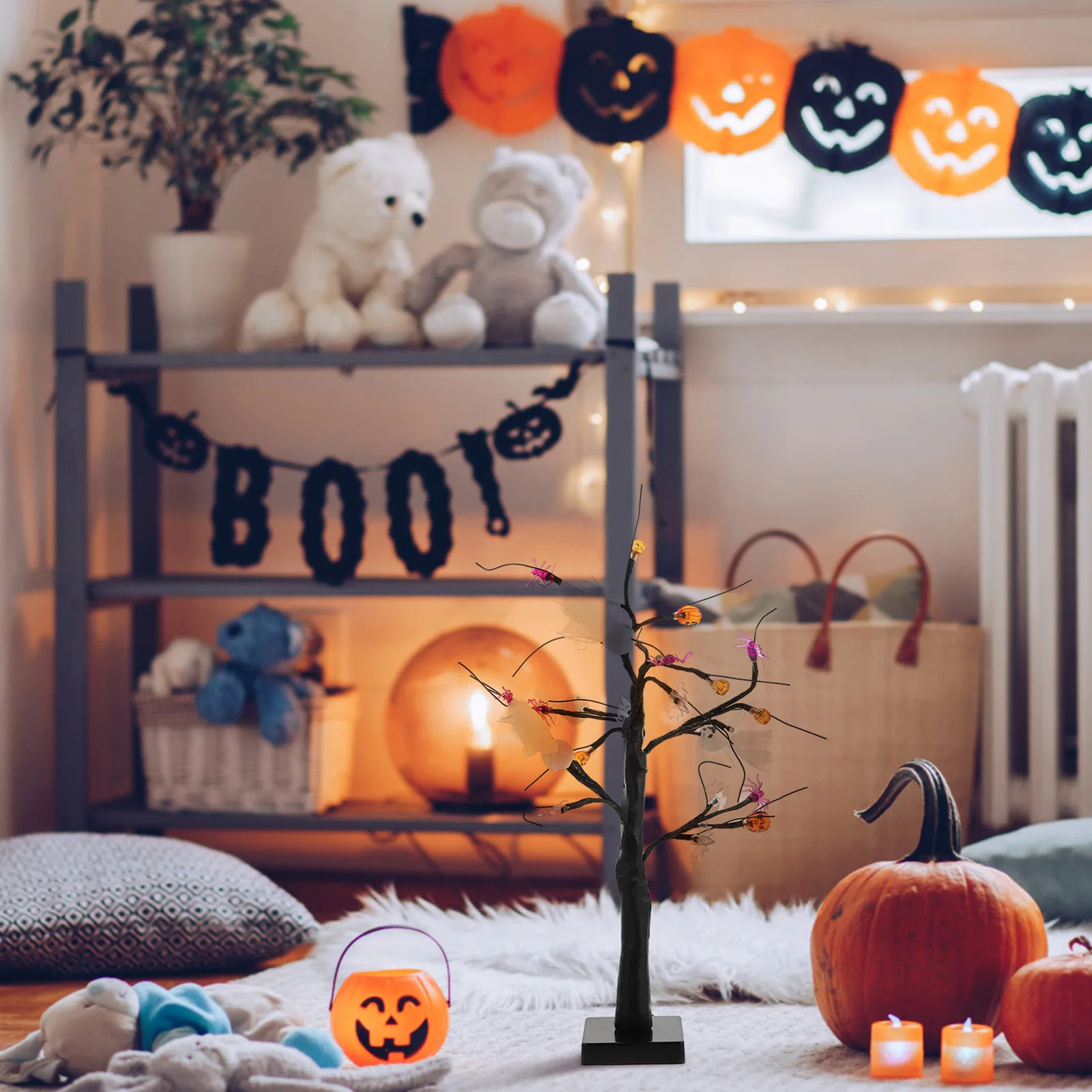 

Halloween Pumpkin Spider Night Light Plastic LED Decor Tree Lamp Reusable Home Supply Table Top Mini Bedside Lamp