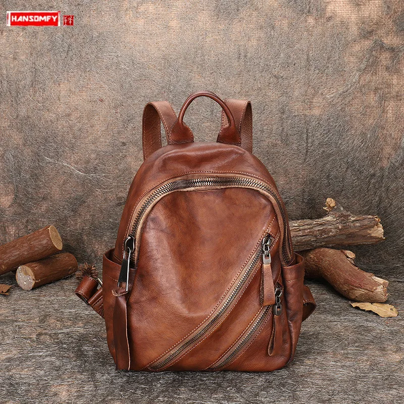 

Leather Backpack Women's Bag Casual School Backpacks First Layer Cowhide 2024 Large-capacity Retro Handmade Soft Leather Female