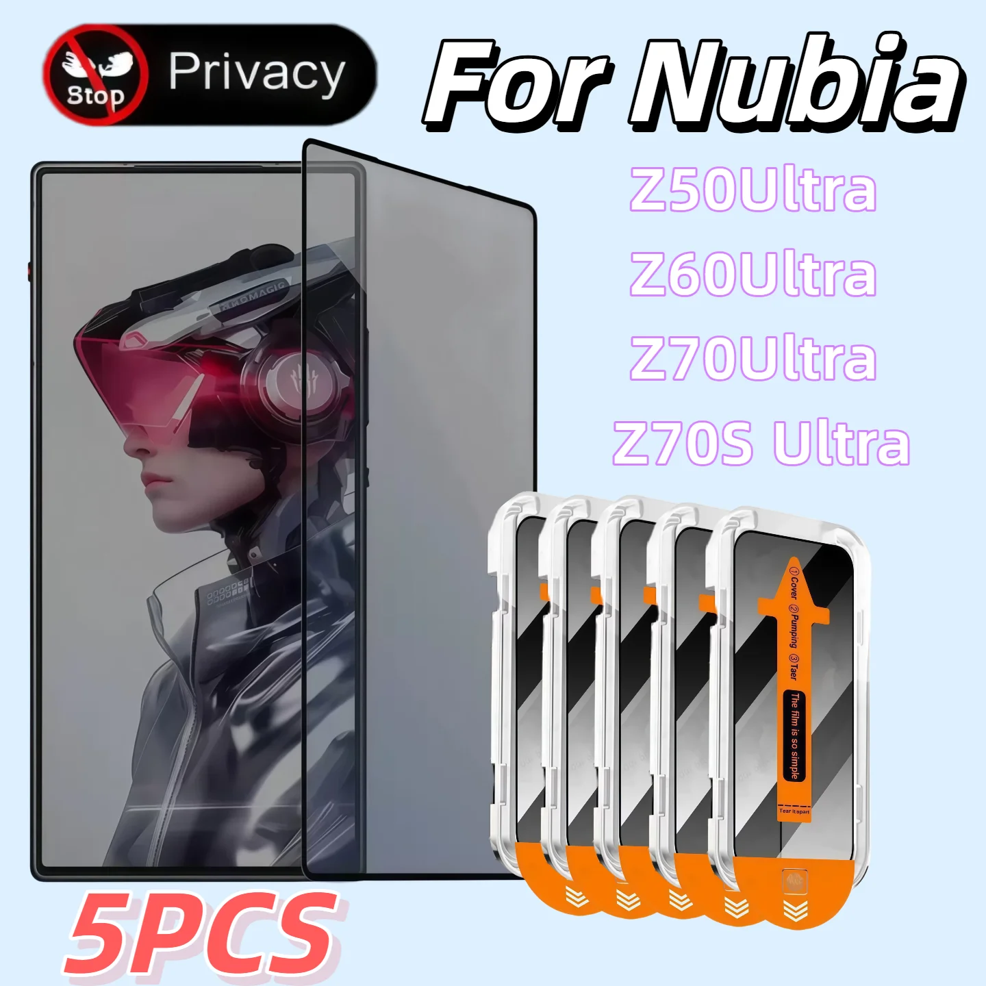 

5PCS Anti-Peeping Tempered Glass Screen Protector for ZTE Nubia Ultra Series - Z50 Z60 Z70 Z70S Dust-Free Privacy Protection