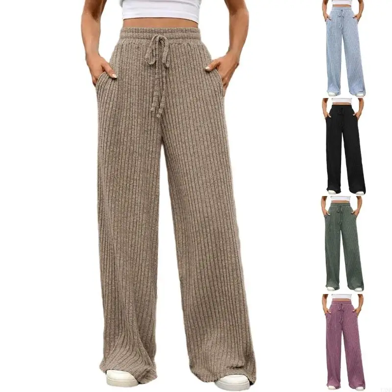 Y3NE Pantalones chándal punto acanalados texturizados para mujer, pantalones suéter sueltos pierna ancha con con