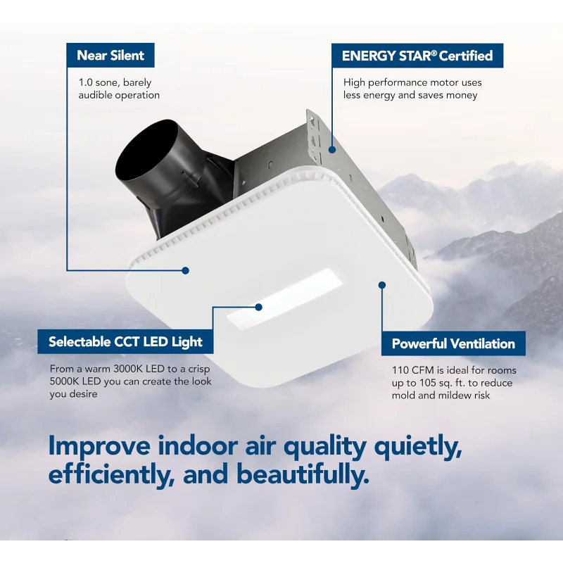 Broan-NuTone، 110 CFM AER110CCTK CleanCover Bath، 1.0 Sone، مع ضوء CCT LED قابل للتحديد، مروحة حمام ENERGY STARBath، أبيض