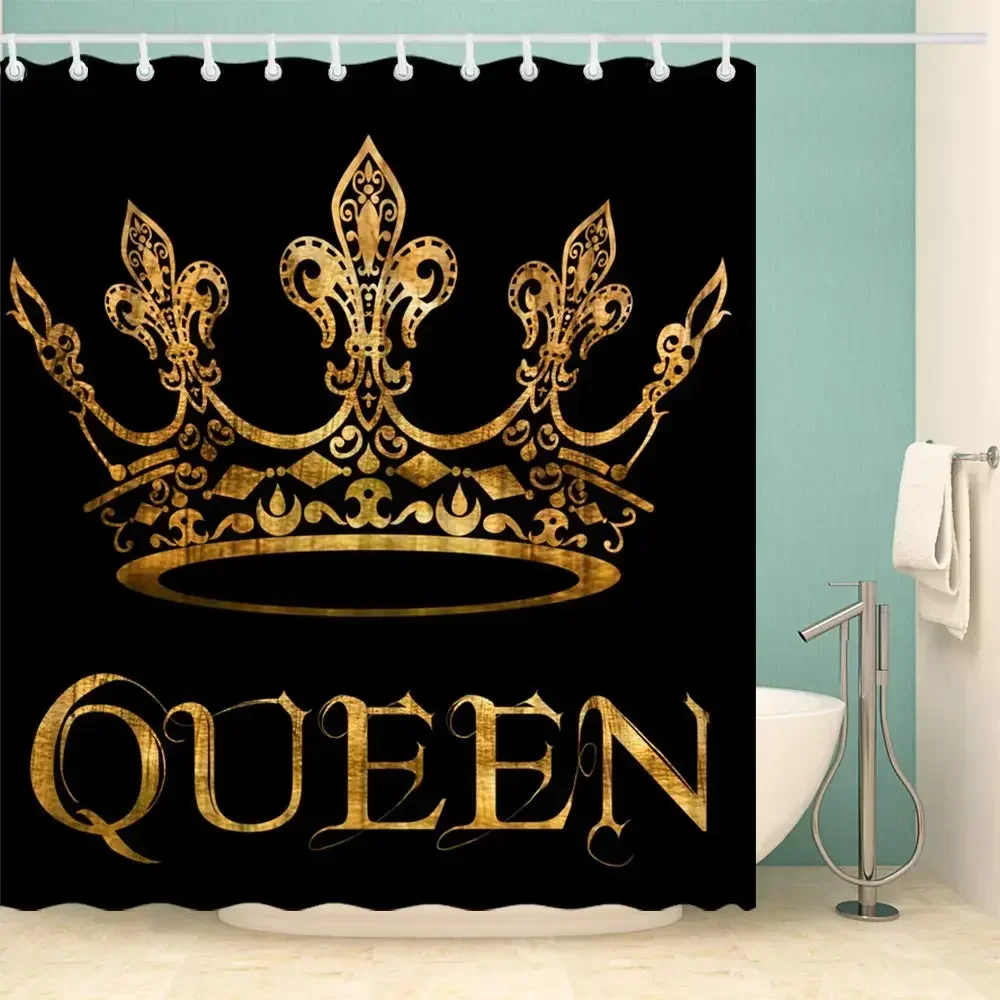 Gold Queen Crown Shower Cutrtains Modern Minimalist Black Bath Curtain Woman Girl Fashion Fabric Home Bathroom Decor with Hooks