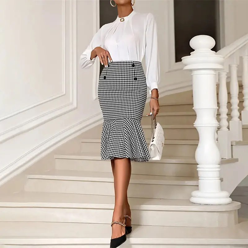 Elegant Houndstooth Printed Knee Length Skirts Women Fashion High Waist Slim Skirts Ladies Elegant Houndstooth Printed Knee Leng