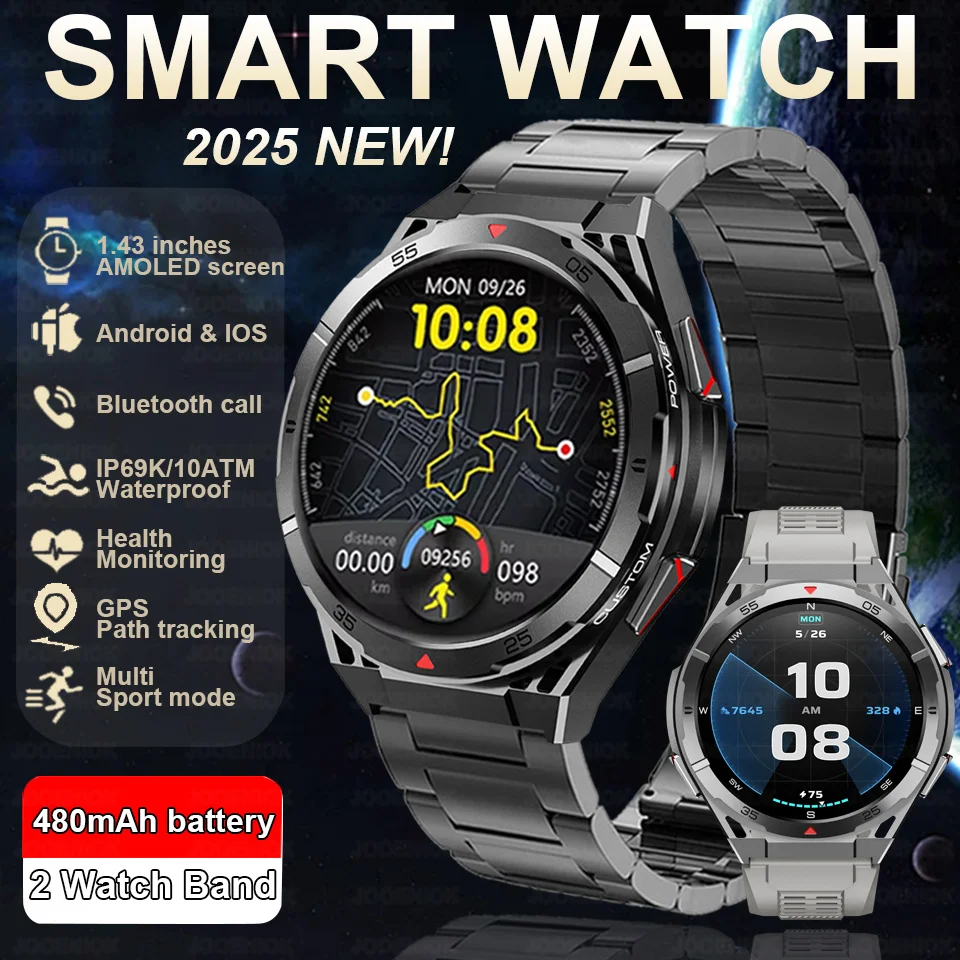Dual-Band satellite GPS Sports Smart watch Men 1.43'' HD Screen Heart Rate Compass 10ATM Waterproof Swimming Smartwatch 2025 New
