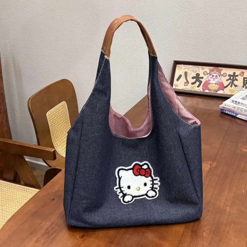 

Сумка Hello Kitty, джинсовая сумка на одно плечо, большая вместительная сумка, женская милая сумка-хобо, легкая сумка для покупок