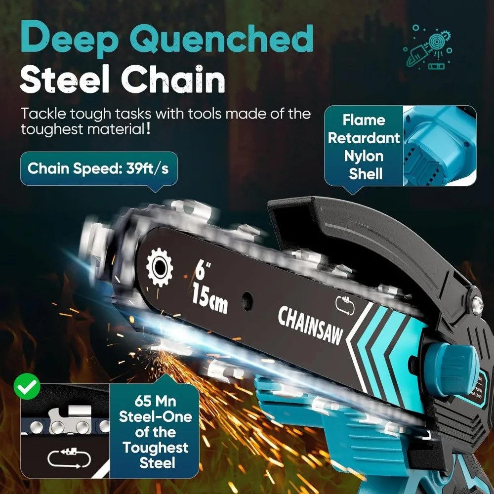 6-Inch Mini Chainsaw, Cordless with 2 Batteries, Portable for Wood Cutting and Tree Trimming, Ideal Gift for Men in Blue