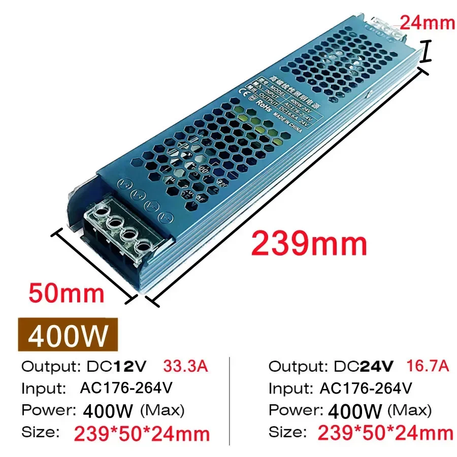 Ultra Dunne 12 V/24 V LED Voeding Adapter 60 W 100 W 200 W 300 W 400 W Verlichting Transformator 5A 12A LED Strip Schakelaar Driver Lamp