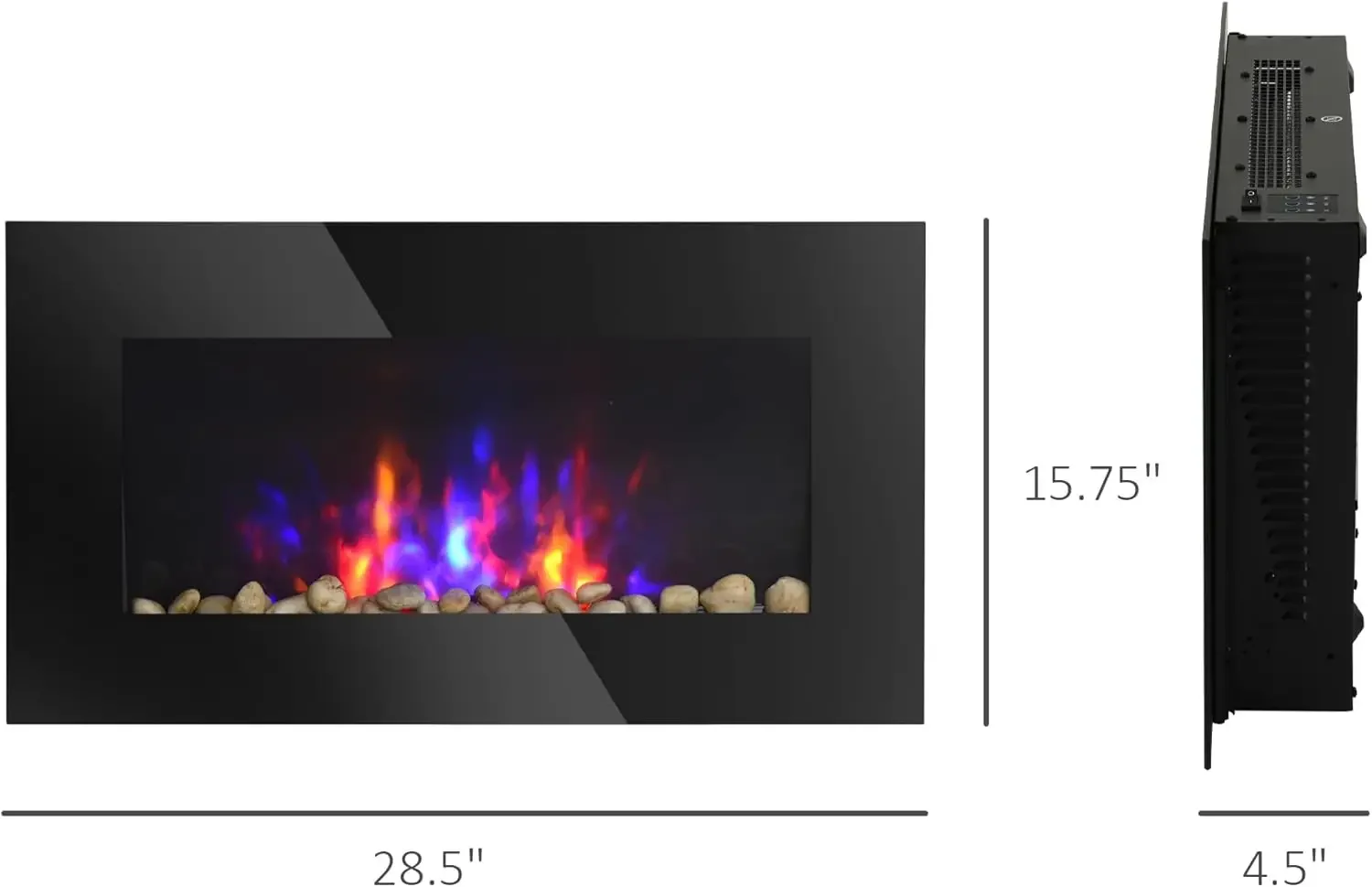 Chimenea eléctrica de pared de 28,5" y 1500 W con efecto de llama, luz de fondo de 7 colores, negro