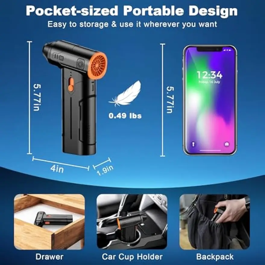 130,000RPM 무선 에어 더스터, 브러시리스 모터 탑재, 가정 및 야외 청소용으로 조절 가능