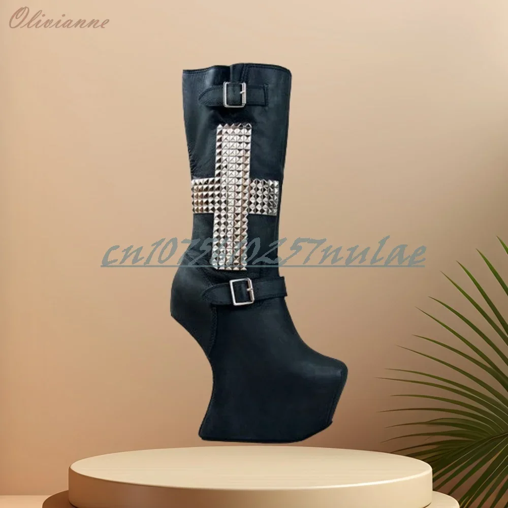 Many Rivets Decor Sexy Strange Style High Heel Mid Calf Boots Leather Fashion Stage Performance Women Shoes 2025 New Para Mujere