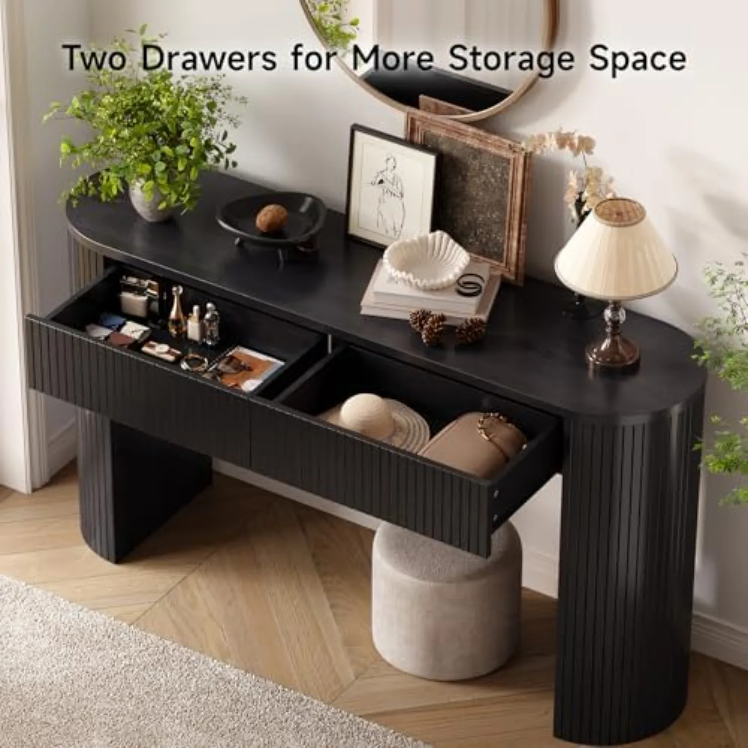 55 Inch Console Table with 2 Drawers, Entryway Tables with Storage,Black | Fluted Sofa Table Behind The Couch, Hallway view 3
