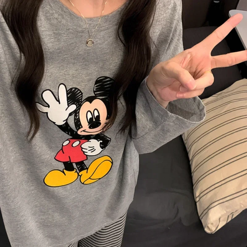 Disney Mickey pigiama autunno puro cotone cartone animato pantaloni a maniche lunghe casual due pezzi set pigiama da donna loungewear set