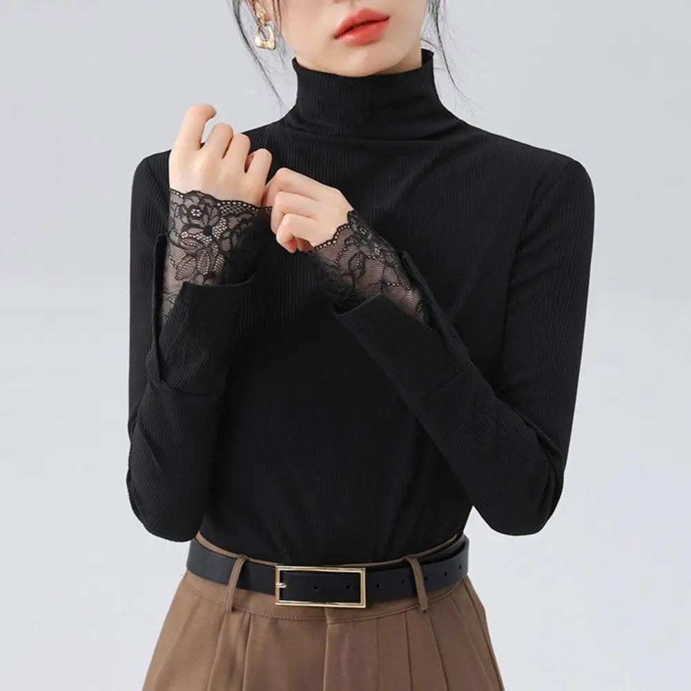 

Women Slim Fit Top Elegant Lace Cuff Long Sleeve Shirt for Women Slim Fit High Collar Jumper Top Solid Color Bottoming Blouse