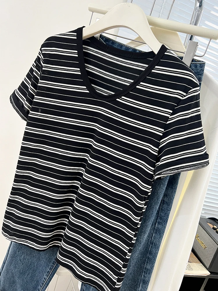 Striped Cotton T-shirt Women Short Sleeve Tops Casual V Neck Basic Style Tee Shirt Female Fashion Woman Clothes Summer Tshirts