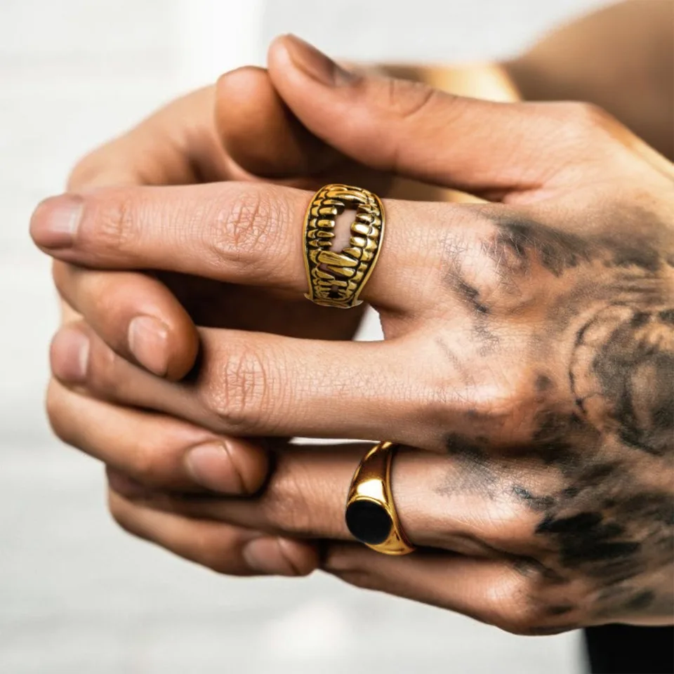 U7 Stainless Steel Double Sides Teeth Rings for Man Woman Manmade Vintage Effect Size 7-14 Gothic Punk Cool Jewelry Gift