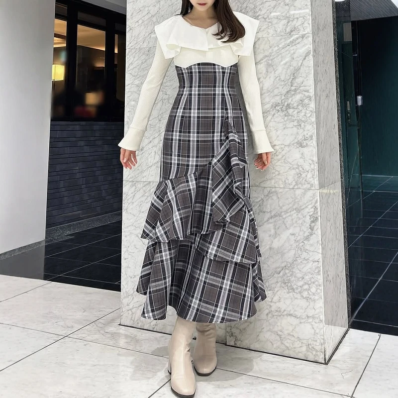 Japanese Wind New Autumn Elegant Turn-down Collar Long Sleeve Dress Contrast Color Plaid Ruffles Ultra Long Slim Fishtail Dress