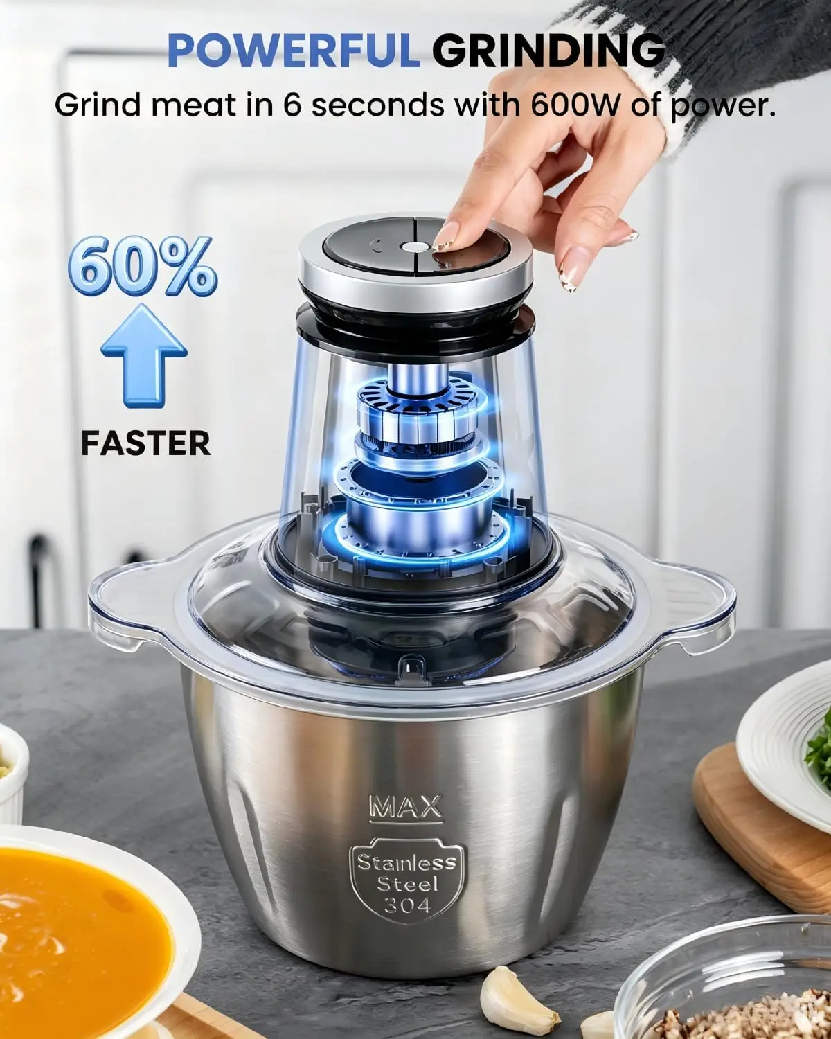 Food Processor, 10 Cup Electric Food Chopper, 600W Meat Grinder with Stainless Steel Blades, 2.3L Large Capacity Kitchen Process
