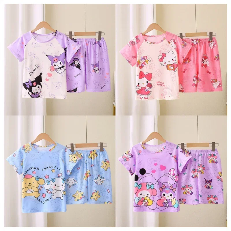 

Summer Sanrio Children Pajamas Suit Anime Kuromi Cinnamoroll KTCat Children Short Sleeved Set Kids Sleepwear Home Clothes