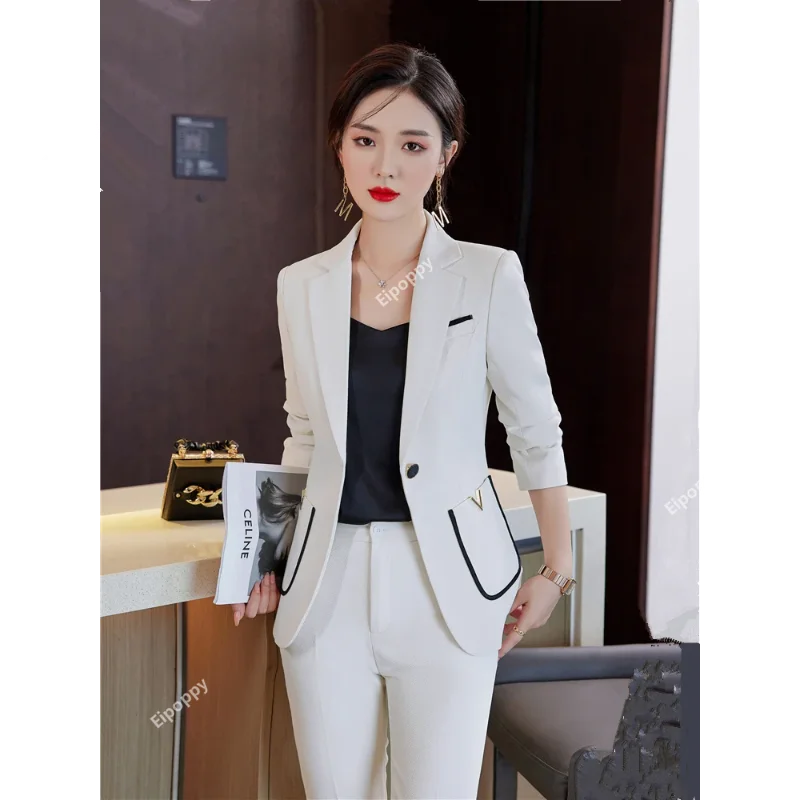 2024 New Women's 2 Piece Blazers Pants Sets  Formal Business Suits Ladies Casual Suits with Pocket Single Button Slim Blazer