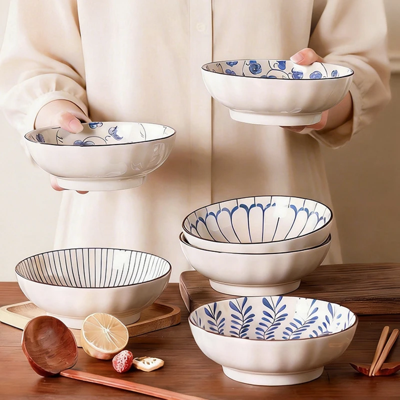 600ml Blue White Ceramic Cereal Soup Bowl Underglaze Japanese Tableware for Ramen Noodle Rice Salad Microwave Safe