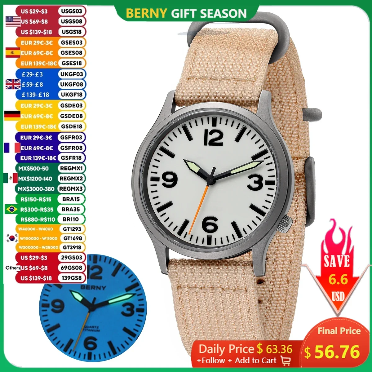 BERNY Titanium Men Watch Lightweight Super Luminous Dial Sports Quartz Watches for Men Sapphire 5AMT Waterproof Wristwatch