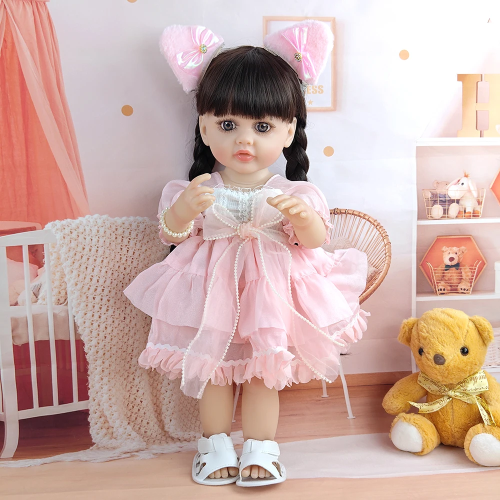 55cm 리본 베이비돌 (핑크 드레스) 22인치 리얼리스틱 풀 비닐 바디 긴 갈색 머리 친구 인형 어린이 놀이 친구 DIY 장난감