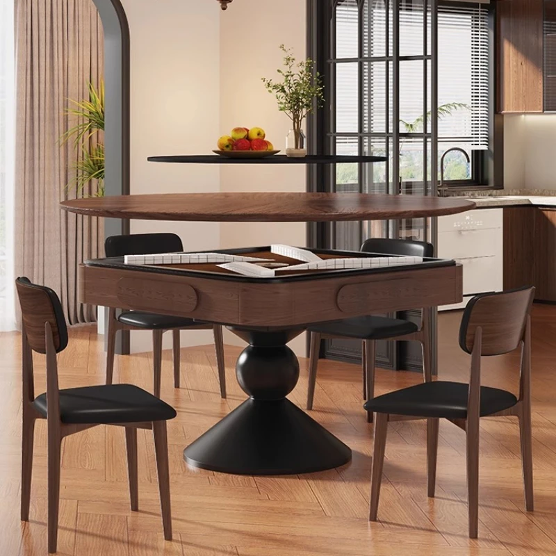 

Medieval style household 1.3-meter dining table mahjong table dual-purpose integrated black walnut solid wood automatic mahjong