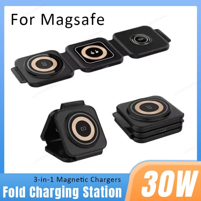 

Зарядная станция 3-в-1, складное беспроводное зарядное устройство для Magsafe iPhone 16/15/14/13/12 Apple Watch 10/9/8 AirPods Pro, быстрые зарядные устройства