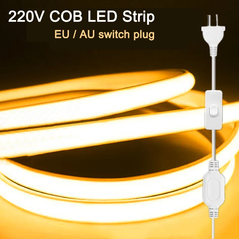 

220V COB Led Strip With AU EU Switch Power plug 1m 10m 20m 50m COB Led Neon Tape 288Leds/m Waterproof Home Outdoor Decor Lights