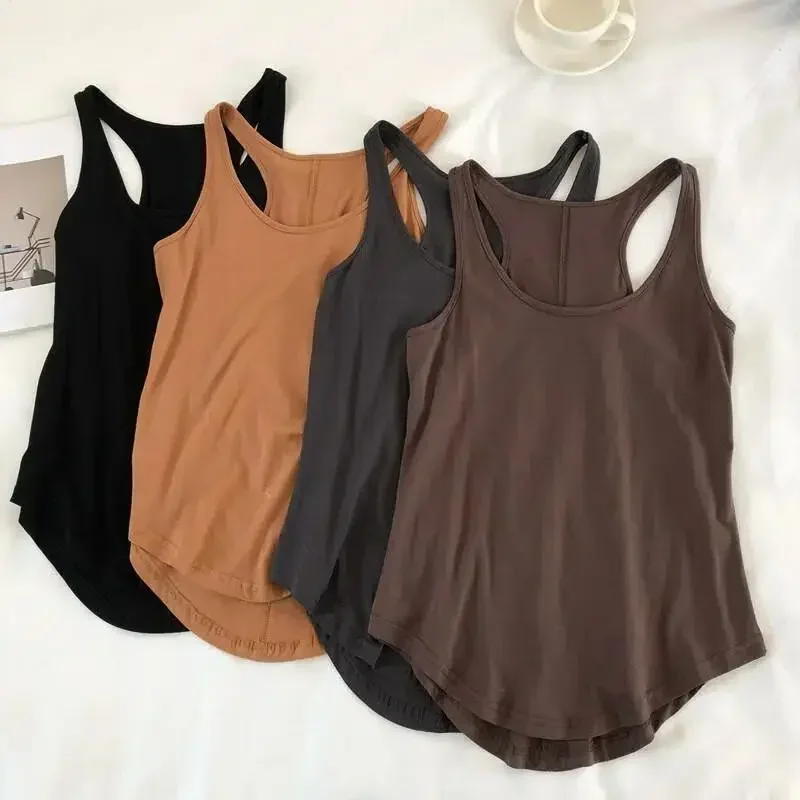 Irregular Tank Tops Summer O-neck Black Casual Sleeveless Tshirt Top Solid Color Loose Basic Camisole Female Fitness Sport Vest