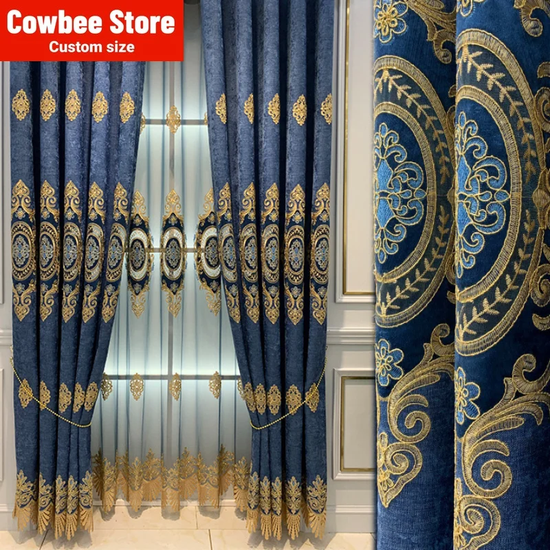 

Nordic Luxury Geometric Embroidery Curtains for Living Dining Room Bedroom Chenille Blue/Brown/ Coffee Blackout Window Drapes