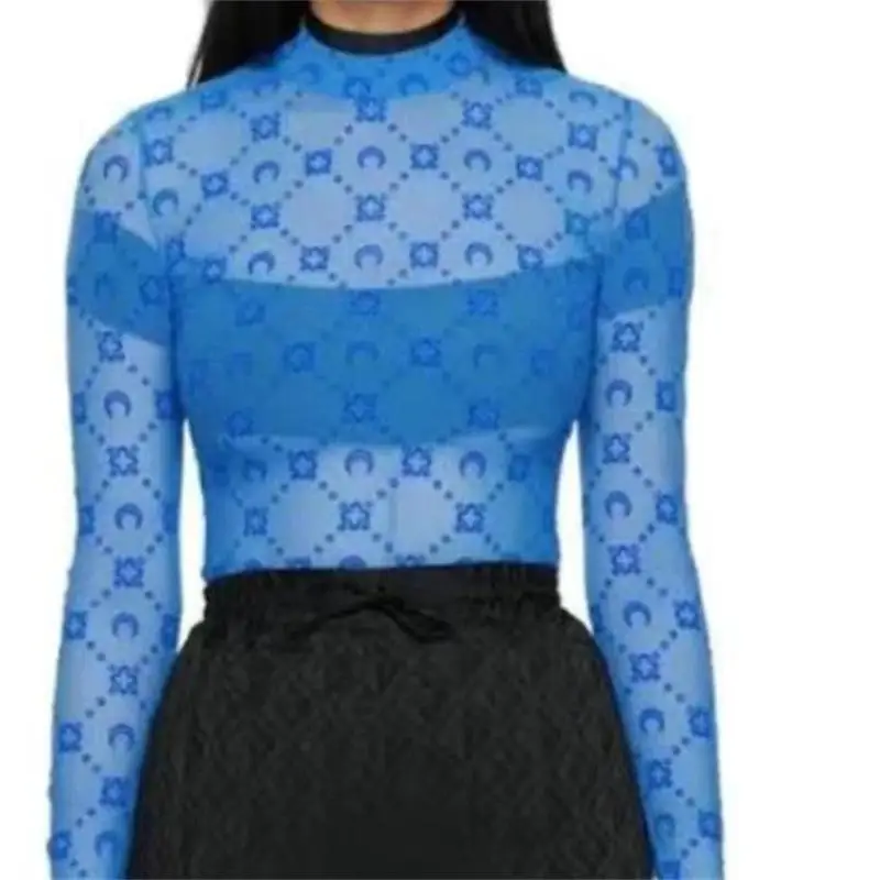 

Fashion Women's Moon Flocked T-Shirt Long Sleeve Sheer Mesh Blouse Y2K Style Sexy Thin Tulle Tops Casual