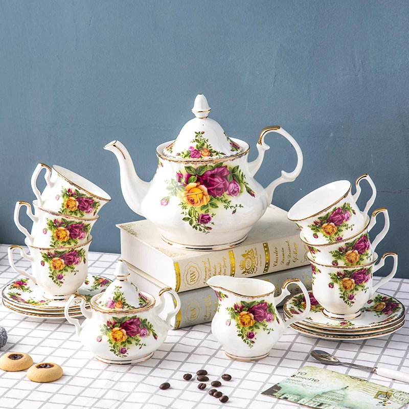 Old country Rose Royal Drink Coffee Style Tea pot set Luxury Gold Teacup Set Fine Bone China Porcelain Tea ware Set