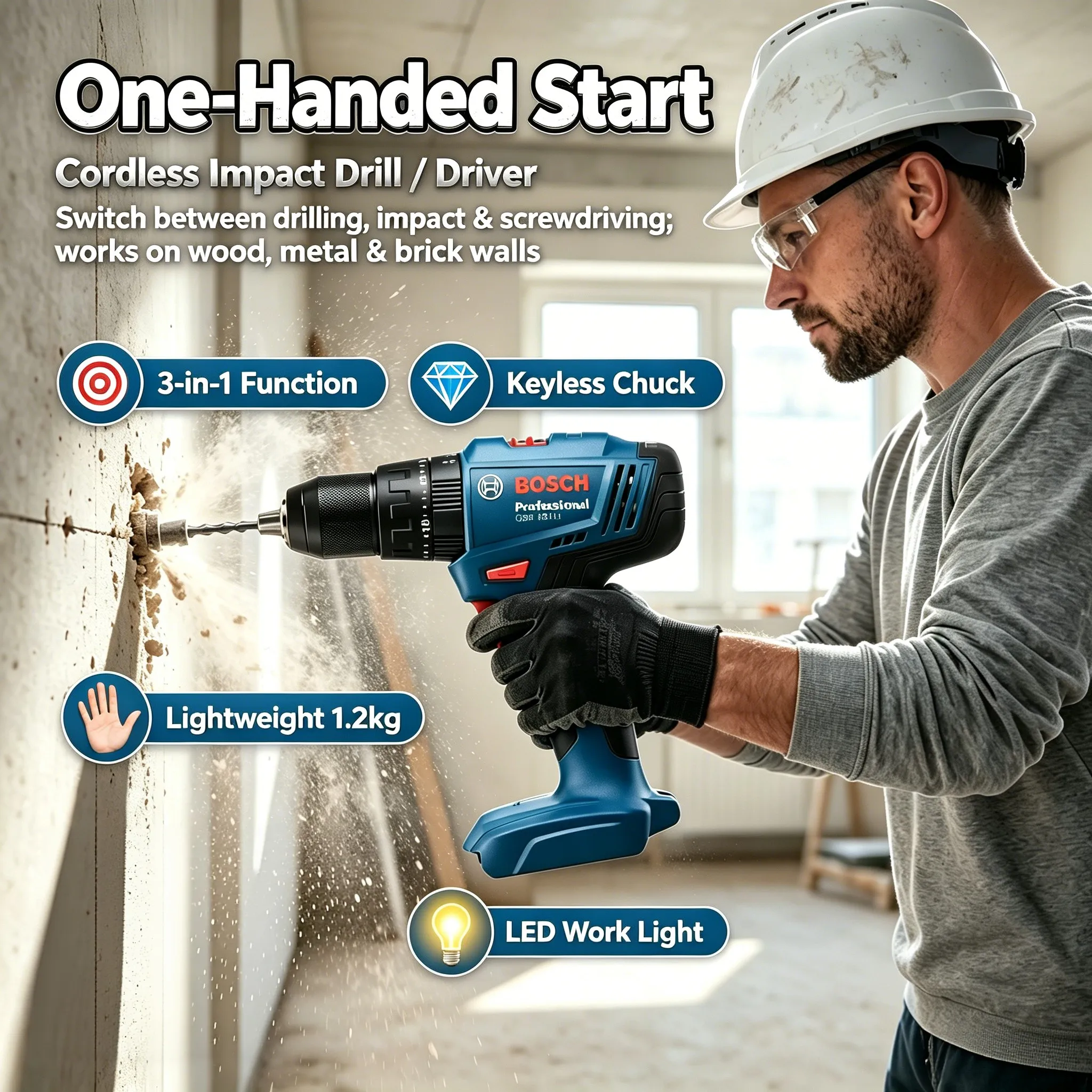 BOSCH GSB 183-Li Wireless Drill Built-in Bright LED Light Compact Body Narrow Space Repair Power Tool