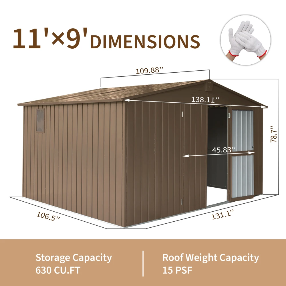 Cobertizo de almacenamiento para patio trasero de 11' x 9' con marco y ventanas de acero galvanizado, cobertizo para jardín al aire libre, sala de almacenamiento de herramientas de utilidad de metal