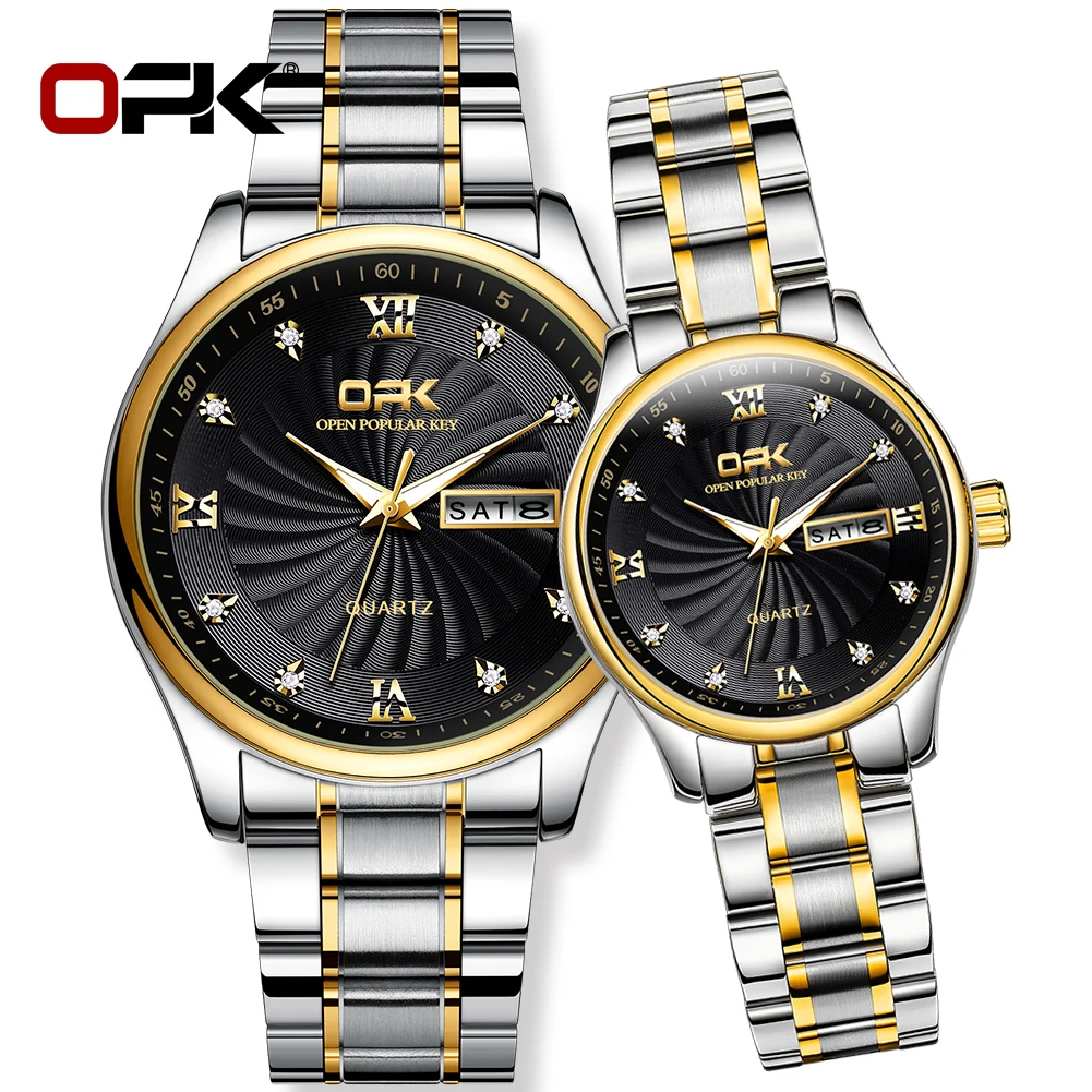 OPK Fashion Diamond Quartz Couples Watches Week Stainless Steel Waterproof Watch Luminous Couple Luxury Wristwatches