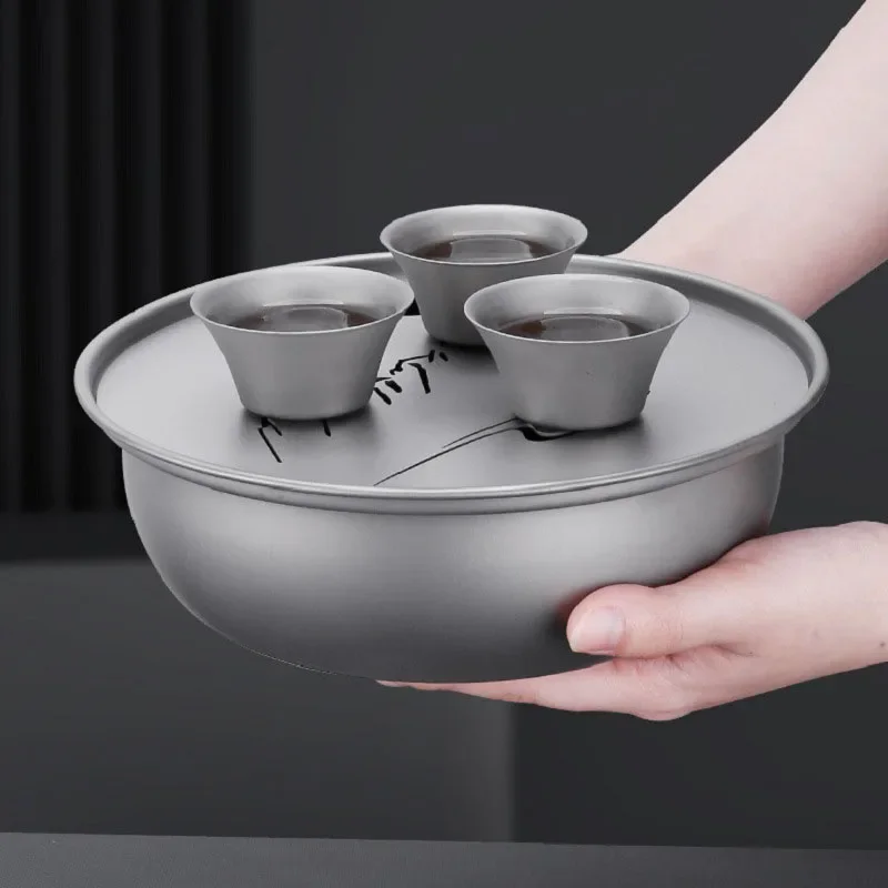 Round Large-capacity Pure Titanium Tea Tray with Patterns for Home,Camping,Travel,Chinese Style,Sandblasted,Lightweight Tea Set