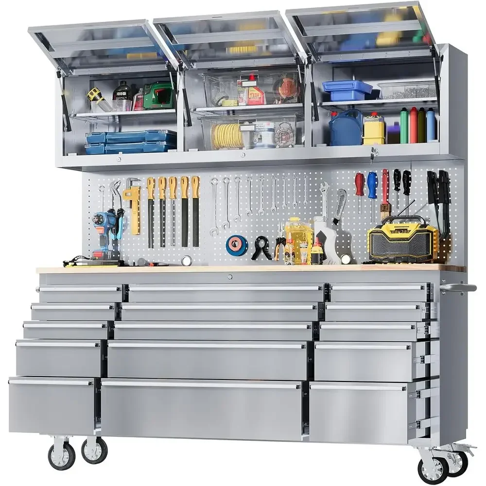 72 Heavy-Duty Rolling Tool Chest with 15 Drawers, 3 Cabinets, Rubber Wood Top, Locking System, and Wheels for Garage Storage