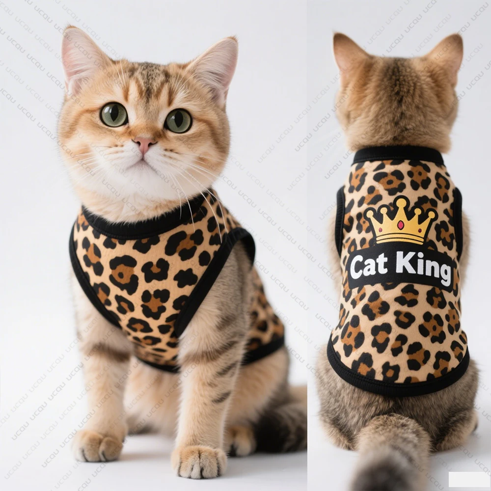2025 Ropa para gatos, chaleco para gatos, ropa fresca de verano con patrón de leopardo "Rey Cat", exclusivo para amantes de los gatos y mascotas lindas