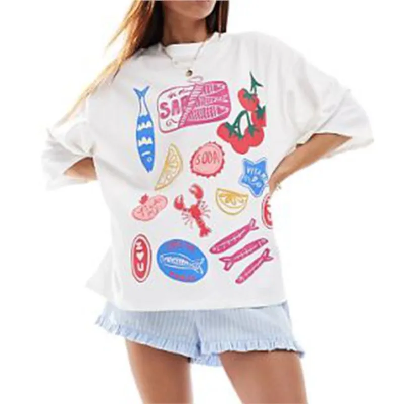 Camiseta de algodón con cuello redondo para mujer, blusa de manga corta con estampado gráfico, camiseta informal cómoda