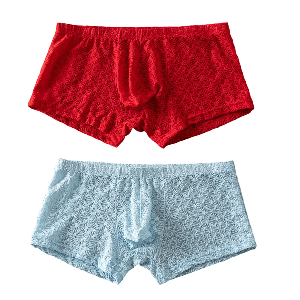 

2PCS/3PCS/5PCS Men's Solid Color Lace Underwear Mesh Hollow Sexy Flat Angle Underpants Perspective Erotic Trunks Briefs Boxers