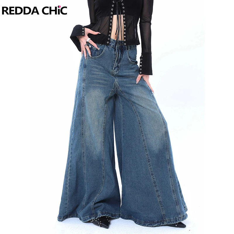 

REDDACHiC Vintage Patchwork Women Elephant Bell Bottoms Oversized Casual Solid Low Rise Washed Whiskers Baggy Jeans Streetwear